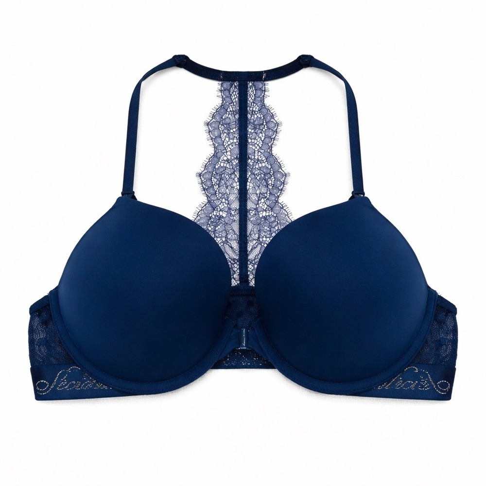 Victorias Secret Push Up Bra 32D Front Close Blue Lace Racerback T-Shirt Sexy
